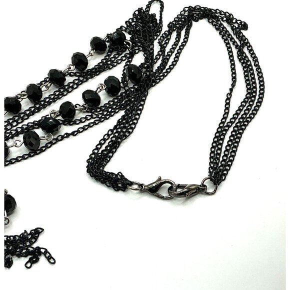 Black Multi-Strand Beaded Tassel Necklace With Rosette Pendant - Picture 4 of 6